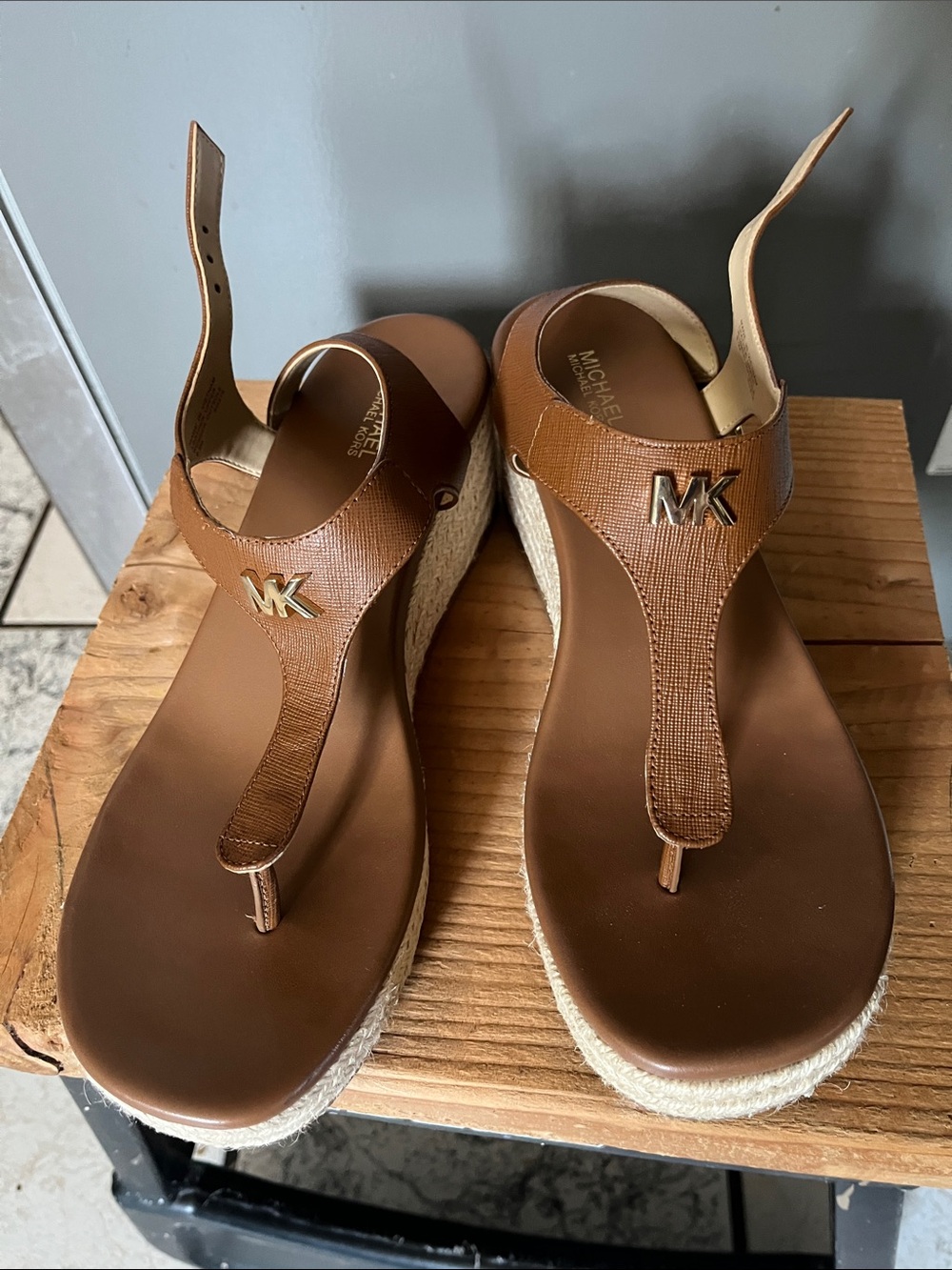 Michael Kors Tan Leather Espadrille Wedge Sandals